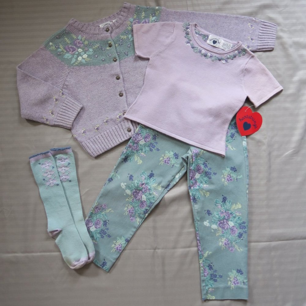 Hartstrings Girls Purple Floral Outfit * Sweater Top Pants & Socks  Size 5 & 5/6